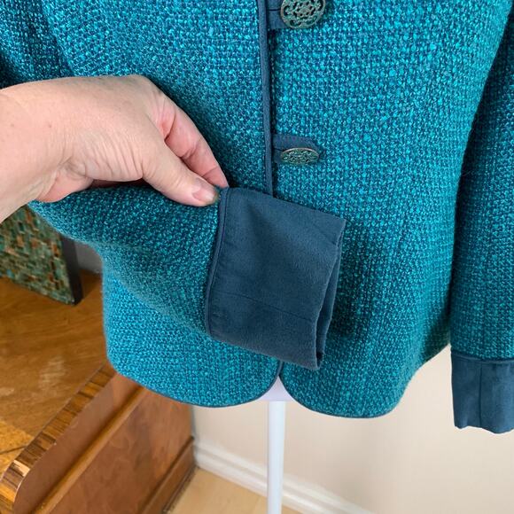 Coldwater Creek Sz 8P Jacket Blazer Teal Blue Tweed Faux Suede Trim Button Front - Picture 4 of 11